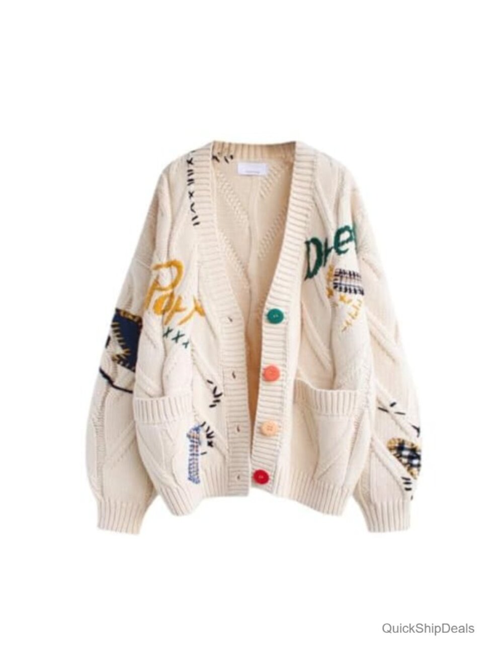 Women's Embroidered Heart Cardigan Button-Down Knit Sweater with Pockets